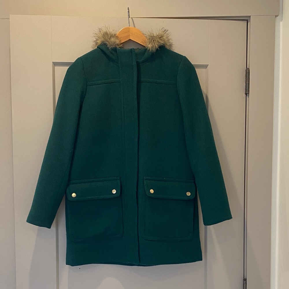 J. Crew Factory Green Wool Women's Coat with Faux Fur Trim - Size 2